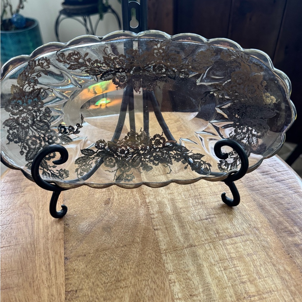 VINTAGE Silver Overlay Glass
Serving Tray 11" Long